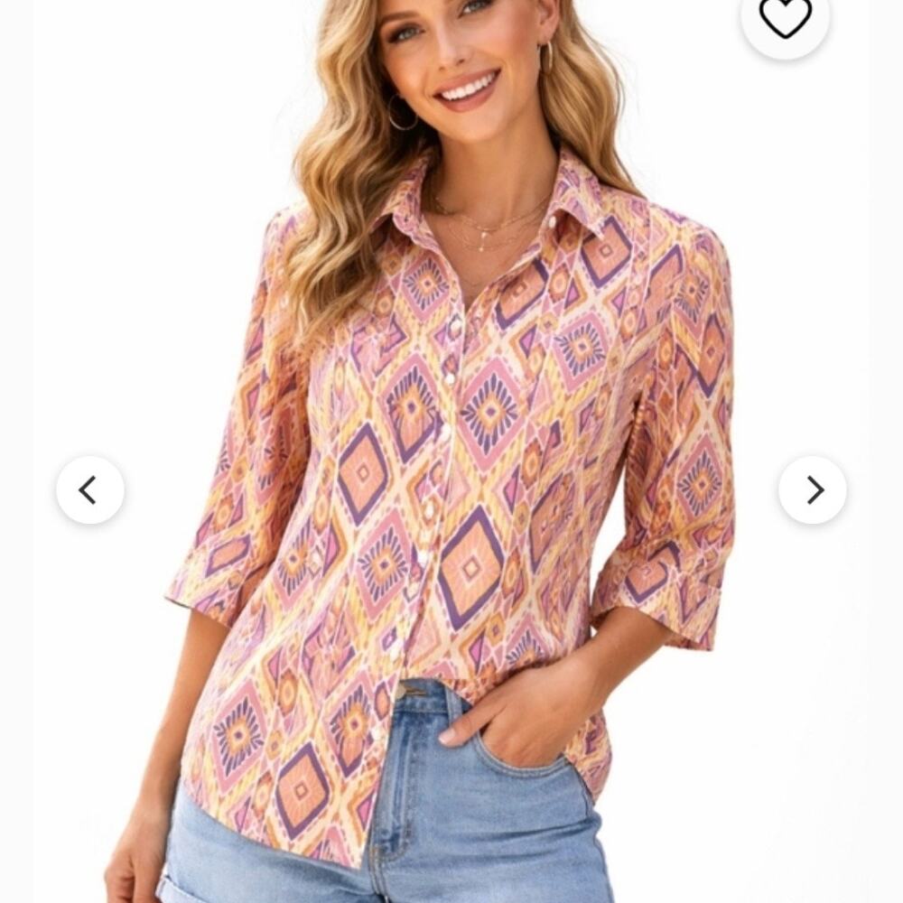 Chico's No Iron 100% Linen Button Down Tunic Sz XL Bright Geometric Print Summer